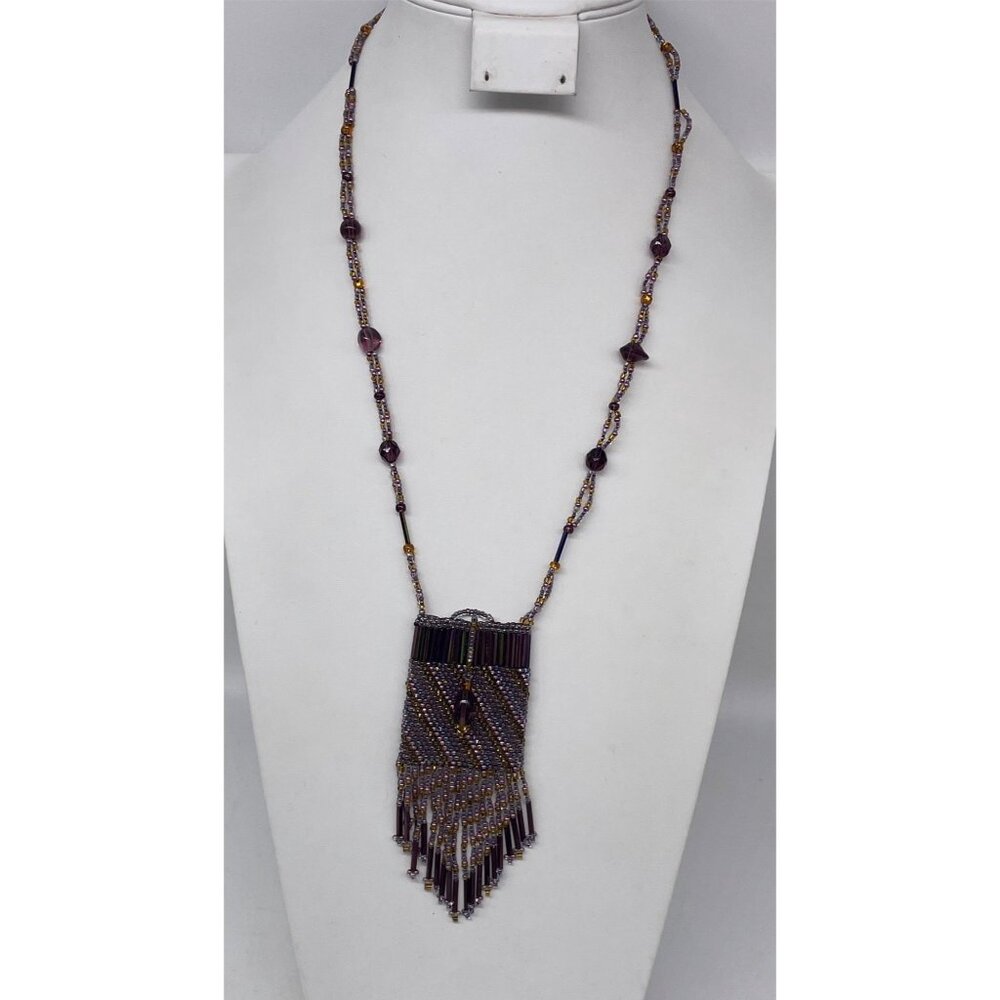 Beaded Necklace  Fringe Pendant Amulet Holder Purple Multicolor Beads 28"